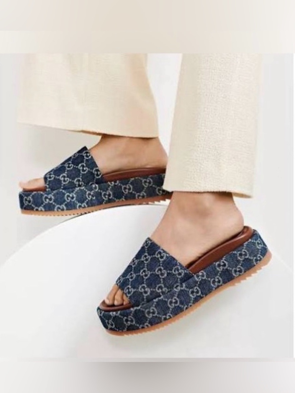 GUCCI Sandals Denim Blue Brown GG Logo Platform 39
